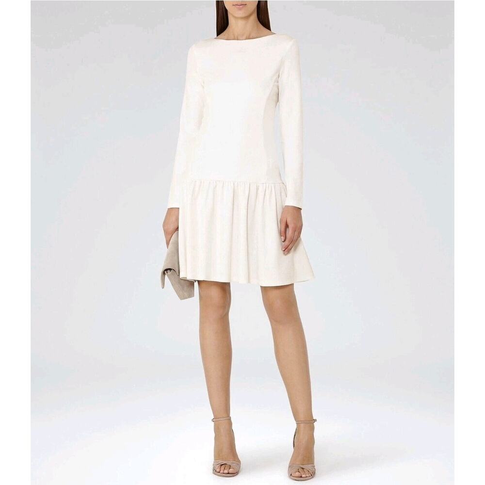 Reiss Agnes Off White Cream Drop Waist Knit Mini Dress Long Sleeve Shift Size 6 - Picture 3 of 13